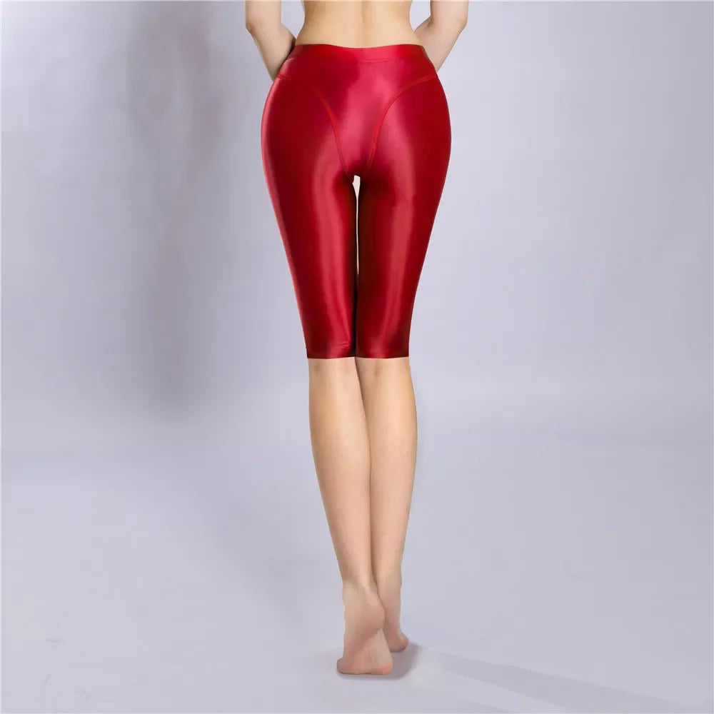 Women's Oil Glossy Sheer High-Waist Shaping Shorts Satin Smooth Leggings