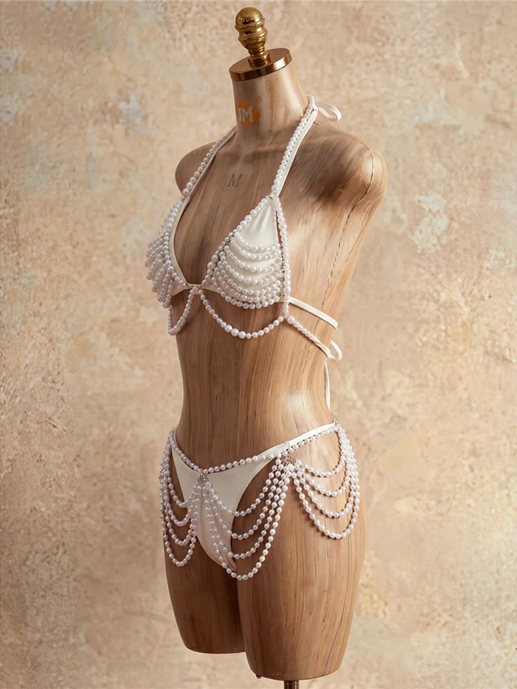 The Stardust Pearl Cascade 4-Piece Bikini – Luxury Pearl Body Chain Showgirl Set