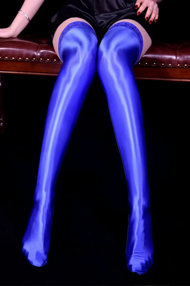 80D Lace Trim Oil Shiny Thigh-High Stockings Glossy Shaping Lingerie Stockings