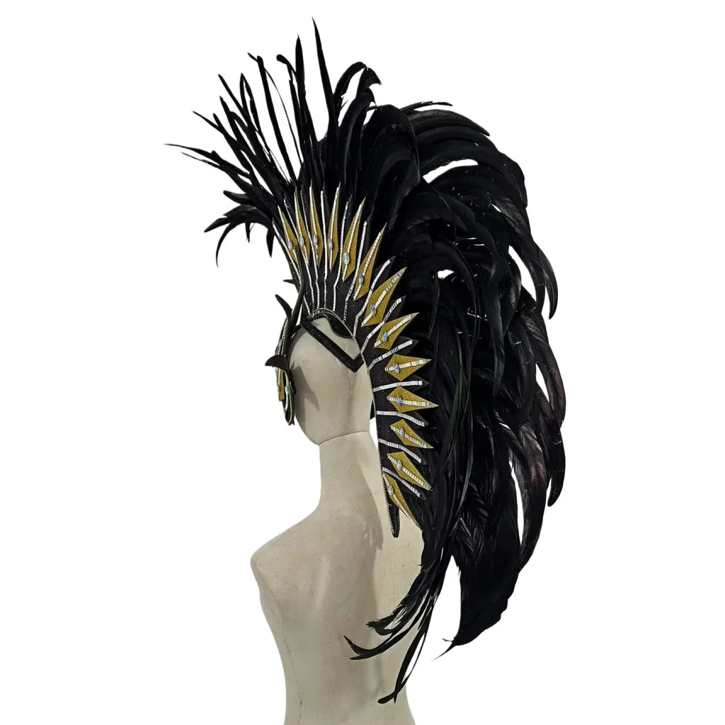 The Stardust Dark Empress – Premium Black Feathered Carnival & Gogo Headdress