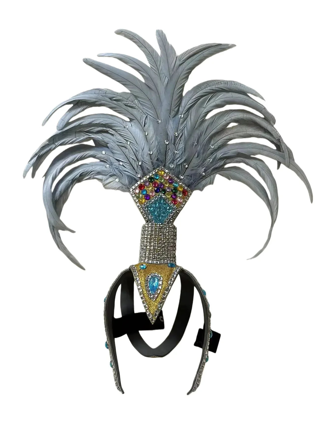 The Stardust Dionysia – Silver & Charcoal Feather Carnival & Masque Ball Headdress