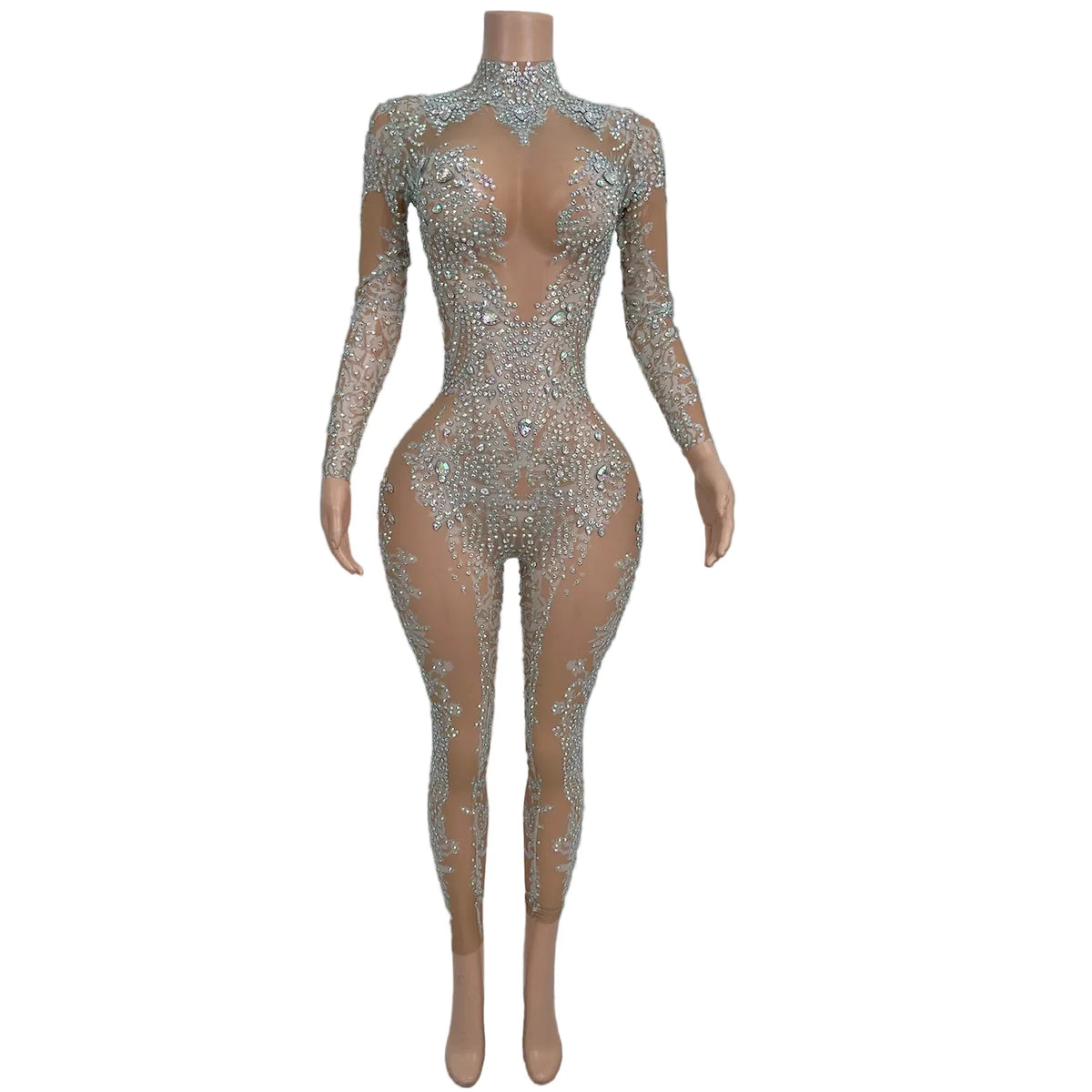 High Neck Crystal Appliqué Illusion Bodysuit