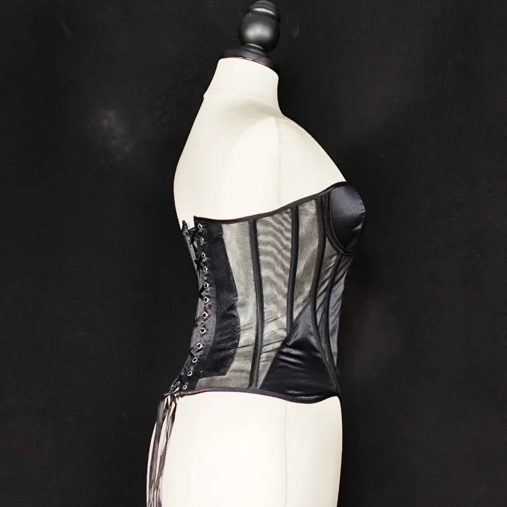 Strapless Breathable Mesh Corset Bustier Built-In Bra Boned Waist Cincher Top