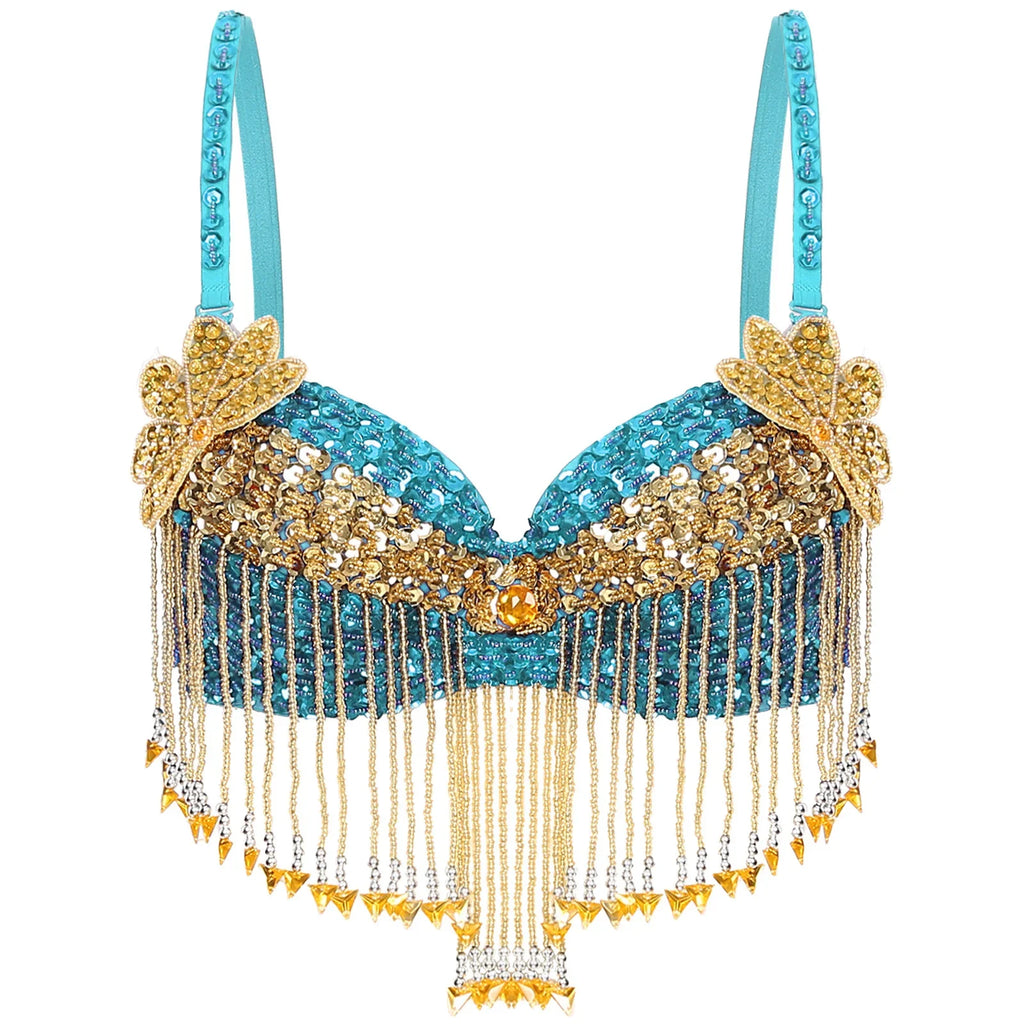 Sparkly Floral Beaded Sequin Belly Dance Bra & Tassel Performance Top