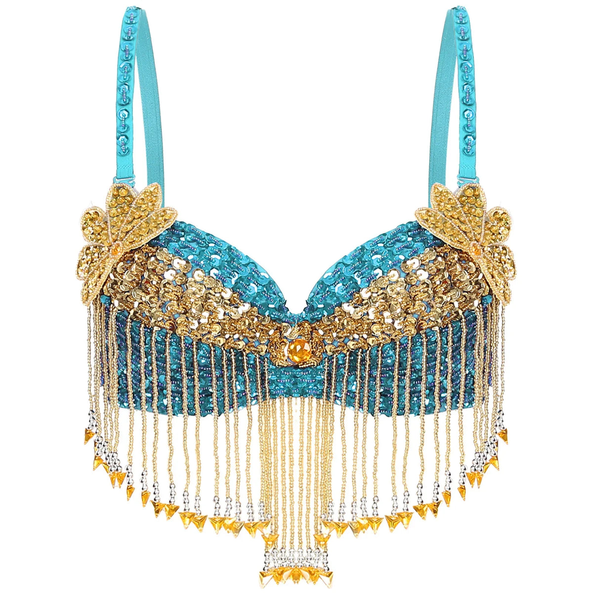 Sparkly Floral Beaded Sequin Belly Dance Bra & Tassel Performance Top