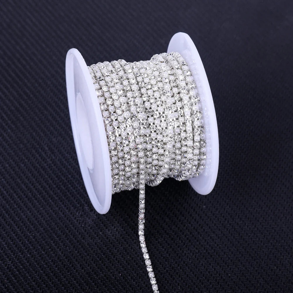 The Stardust Pearl Stream – Premium Silver Base Glass Rhinestone & ABS Pearl Cup Chain Trim