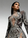 Sparkly Silver Rhinestone & Sequin Sheer Mesh Mini Dress Stage Costume