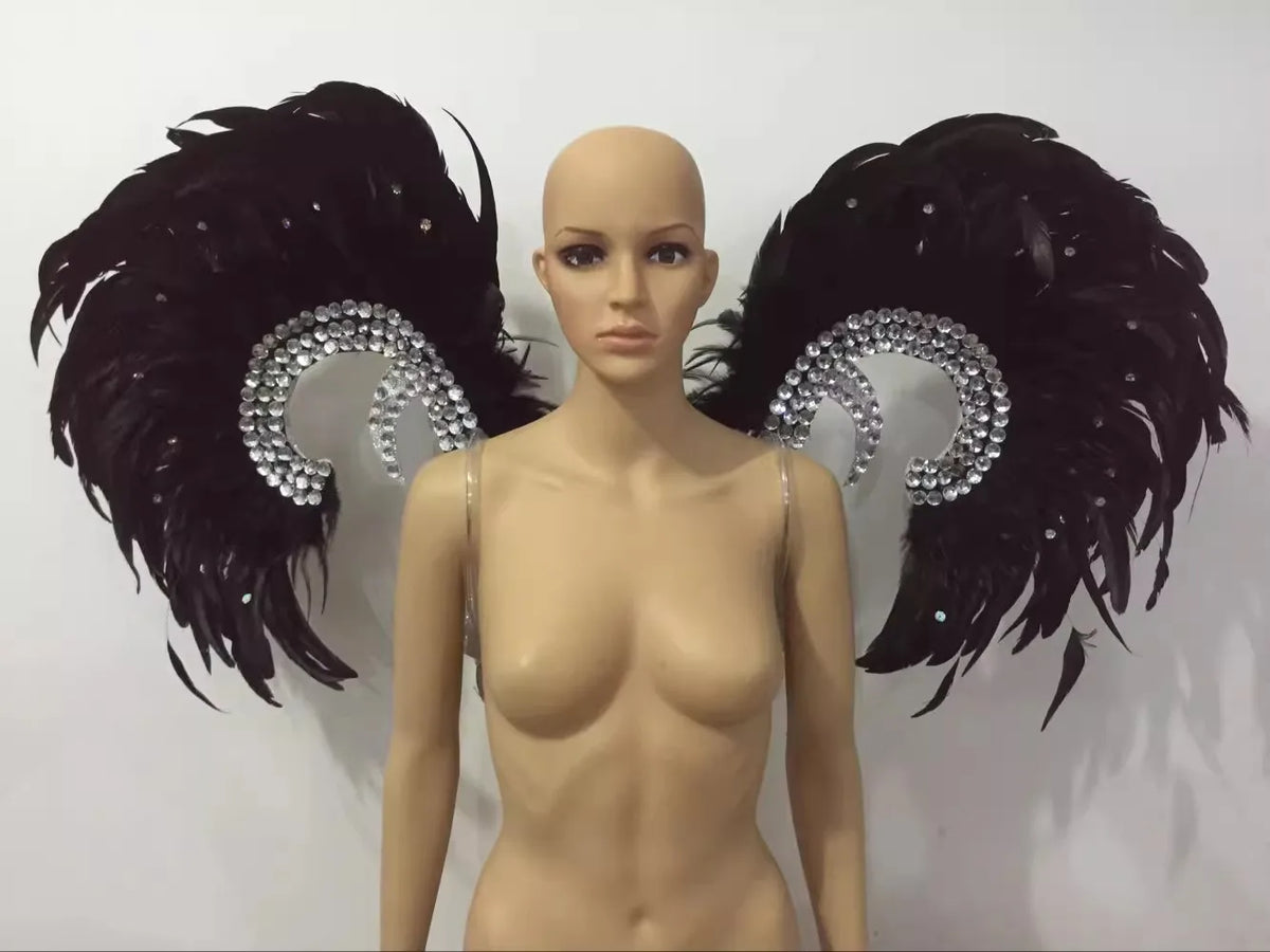 Showgirl Feather Wing Backpiece with Rhinestone Scroll Frames