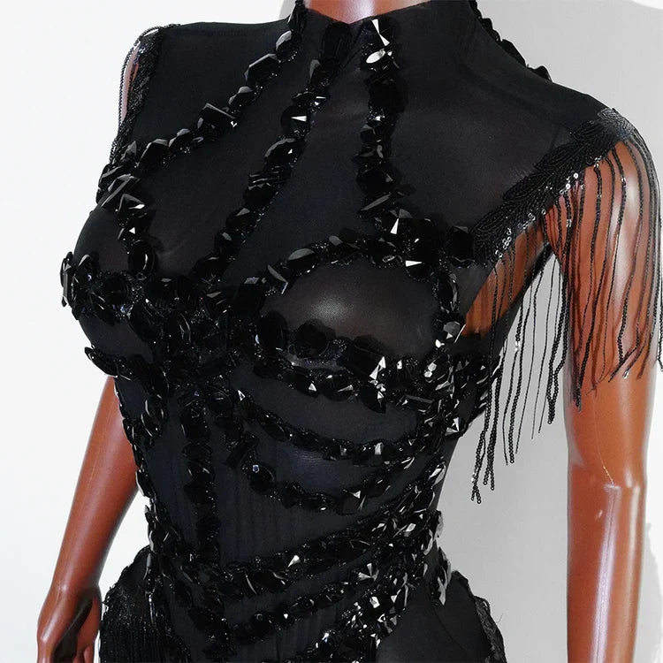 The Stardust Midnight Cabaret Bodysuit – Luxury Rhinestone & Mesh Showgirl Costume