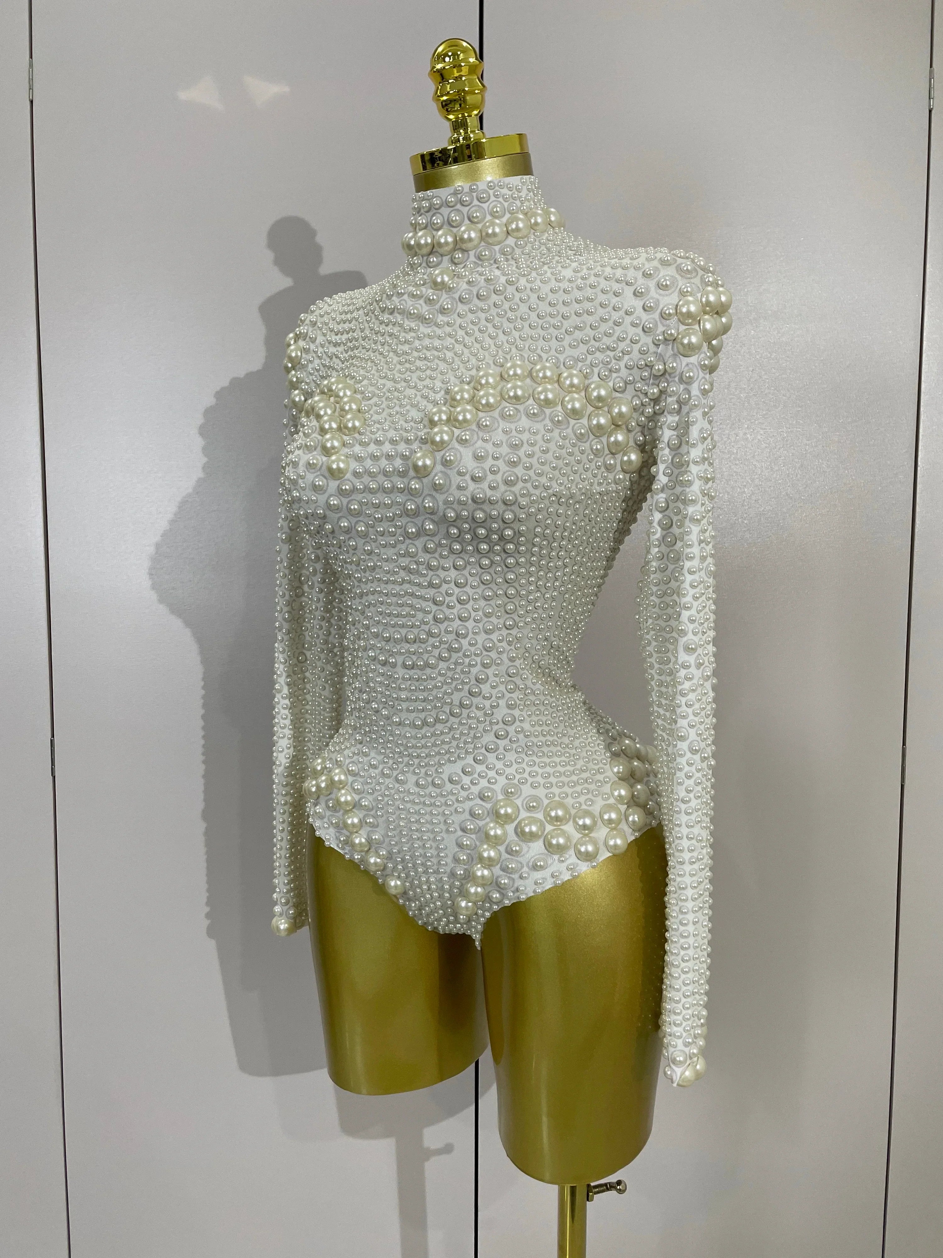 Luxury Full Pearl Long-Sleeved Stage Bodysuit Leotard Evening Performance Costume