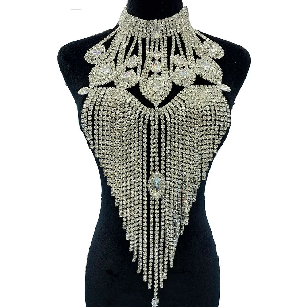 Long Rhinestone Tassel Fringe Crystal Drop Chocker Necklace Body Jewelry