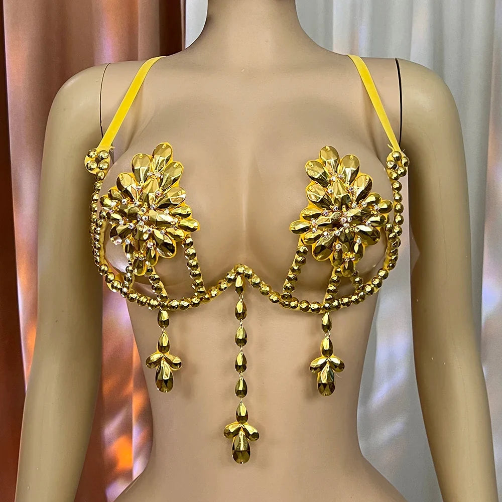 Sparkly Samba Carnival Stone Wire Bra Hand-Beaded Stage Costume Top