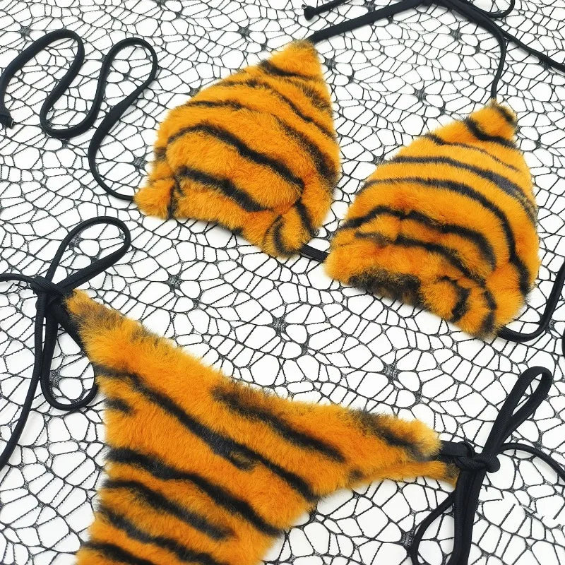 The Stardust Wildcat Knit Bikini – Retro Tiger Print Showgirl Set