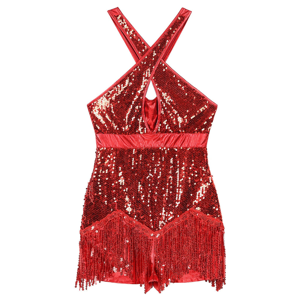 Sequined Fringe Cross-Front Latin Dance Leotard Costume Dress