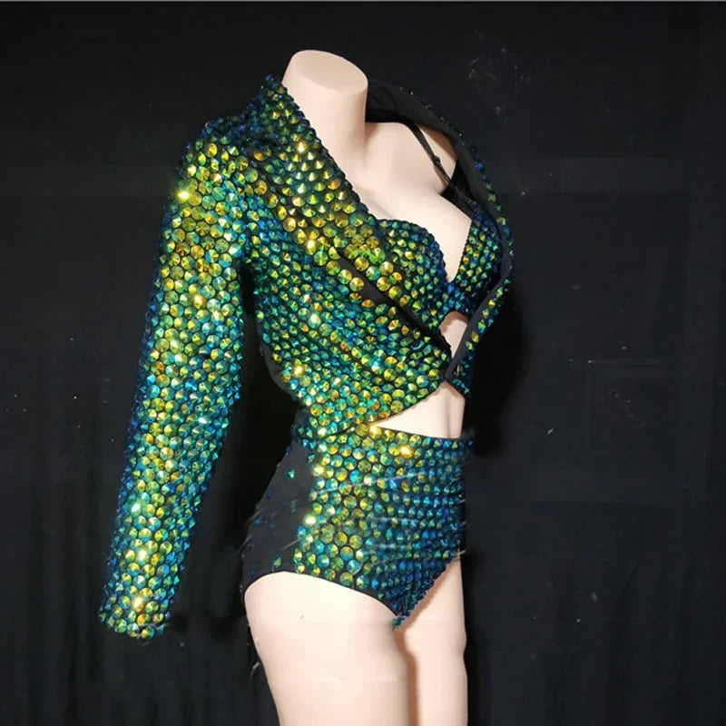 The Stardust Emerald Siren 3-Piece Suit – Luxury Rhinestone Cabaret Ensemble