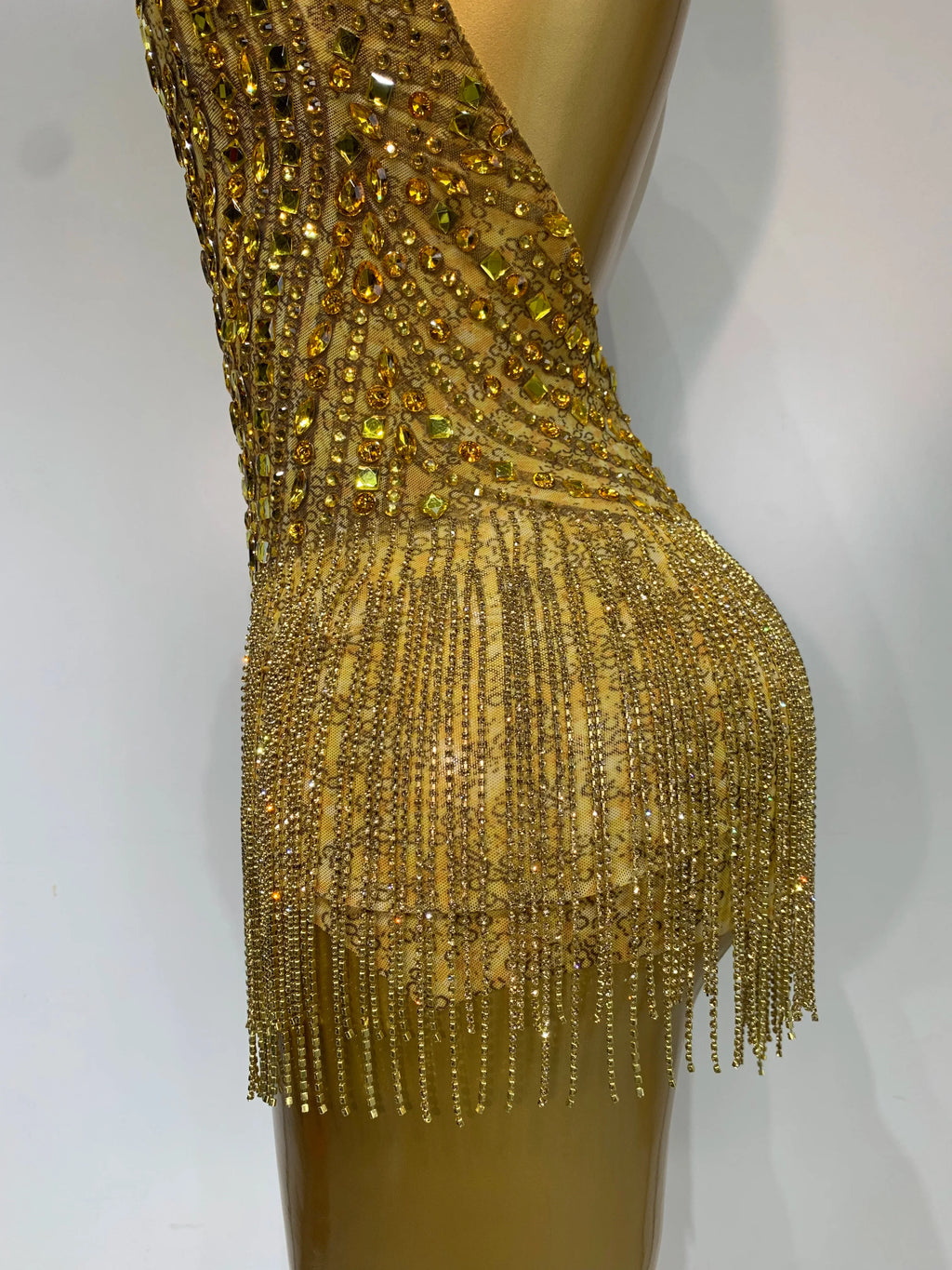 Gold Rhinestone Sheer Mesh Bodysuit Luxury Stage Performance Jumpsuit