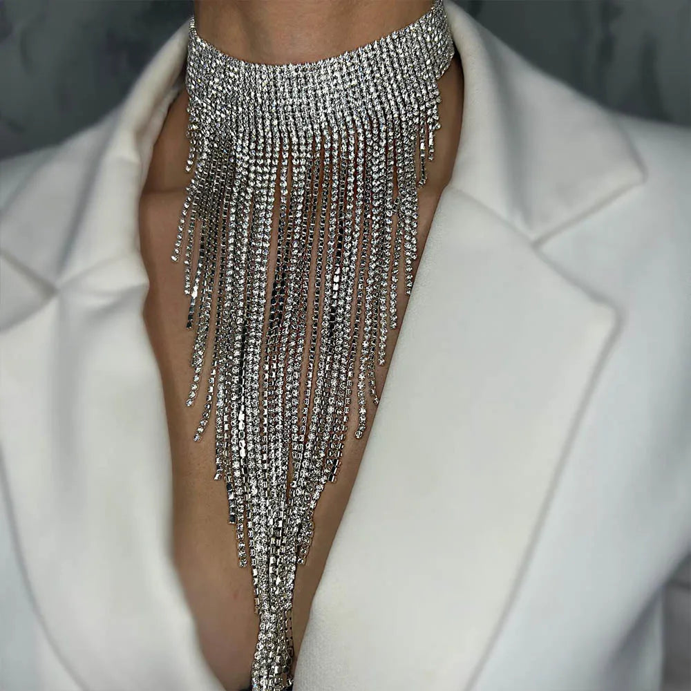 Rhinestone Fringe Tassel Choker Chain Necklace