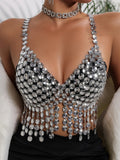 Dazzling Rhinestone Tassel Halter Corset Crop Top & Party Tank