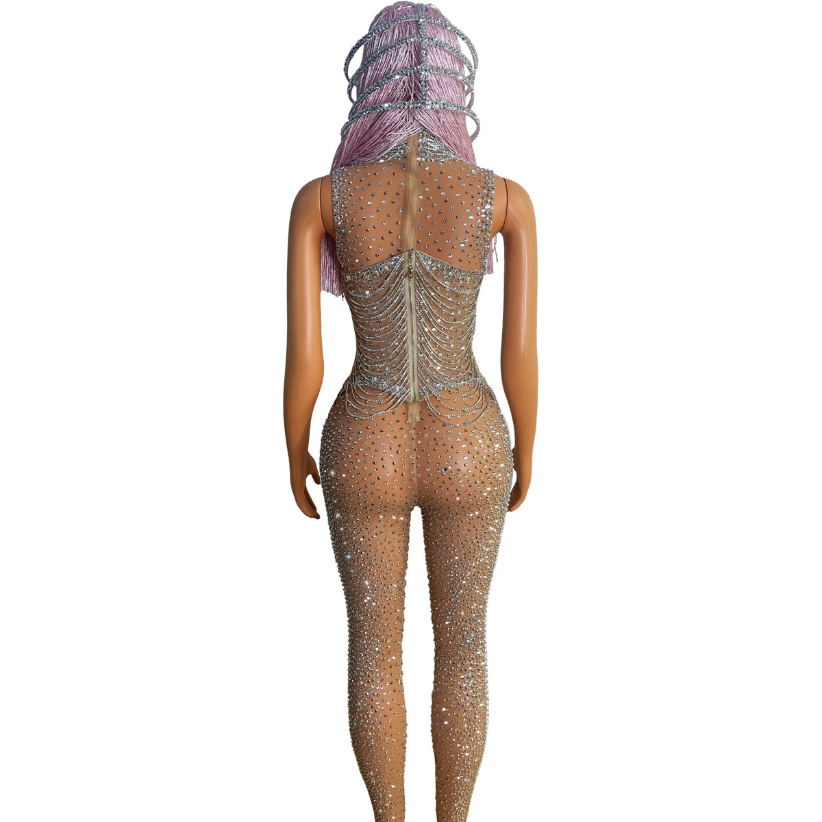 Silver Crystal Fringe Illusion Jumpsuit Long Sleeve Rhinestone Catsuit Stage Wear