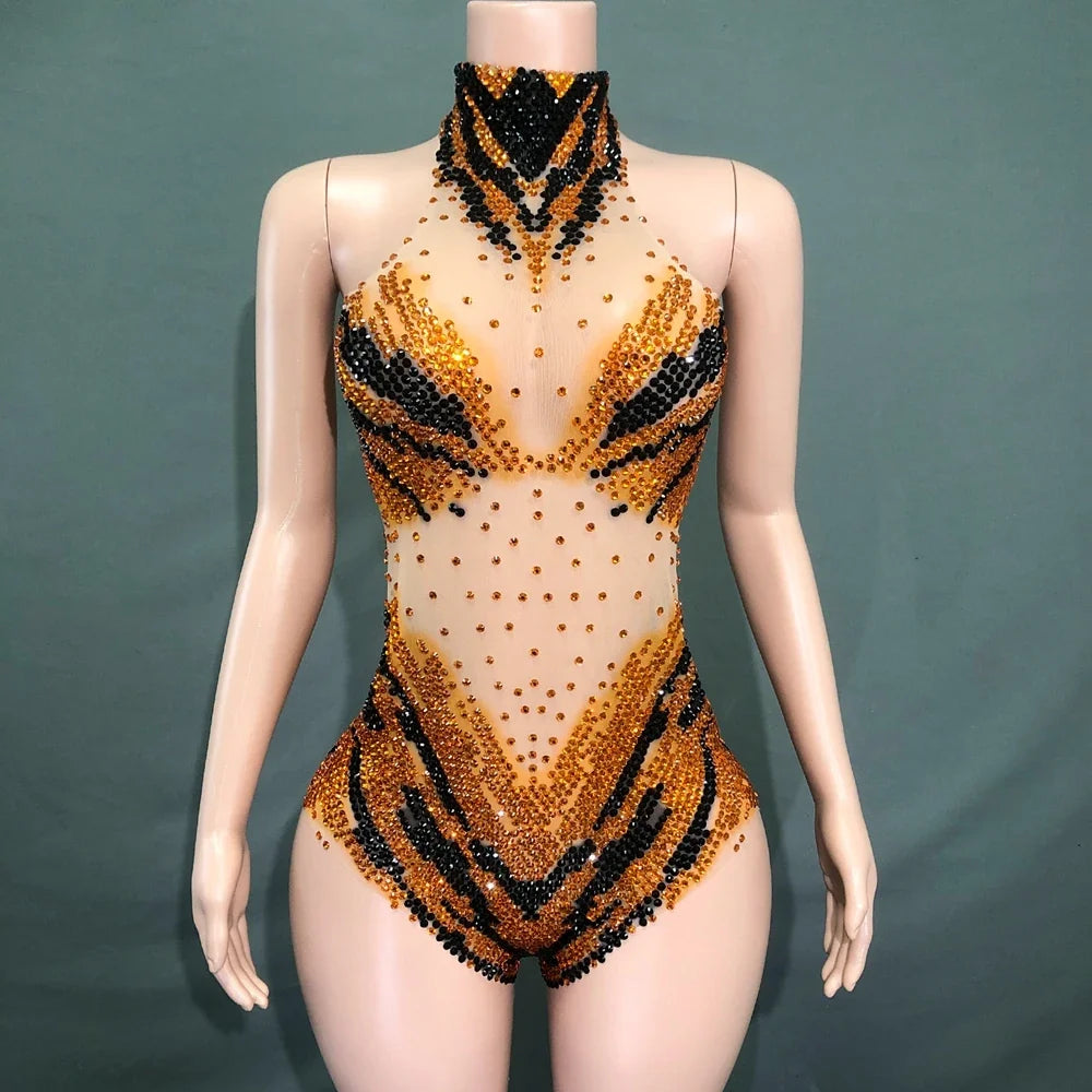 Sparkly Rhinestone Transparent Mesh Bodysuit Stage Performance Costume