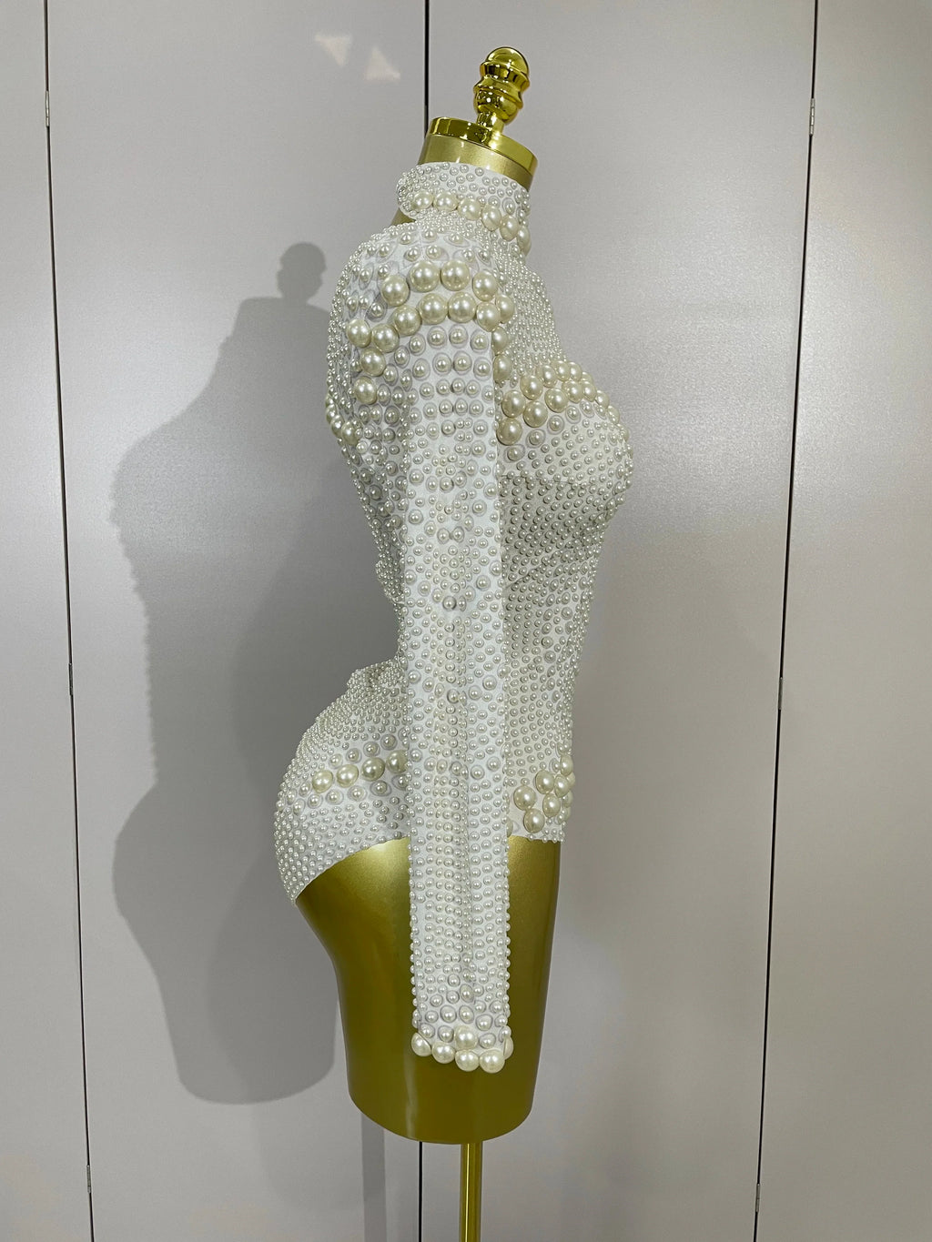 Luxury Full Pearl Long-Sleeved Stage Bodysuit Leotard Evening Performance Costume