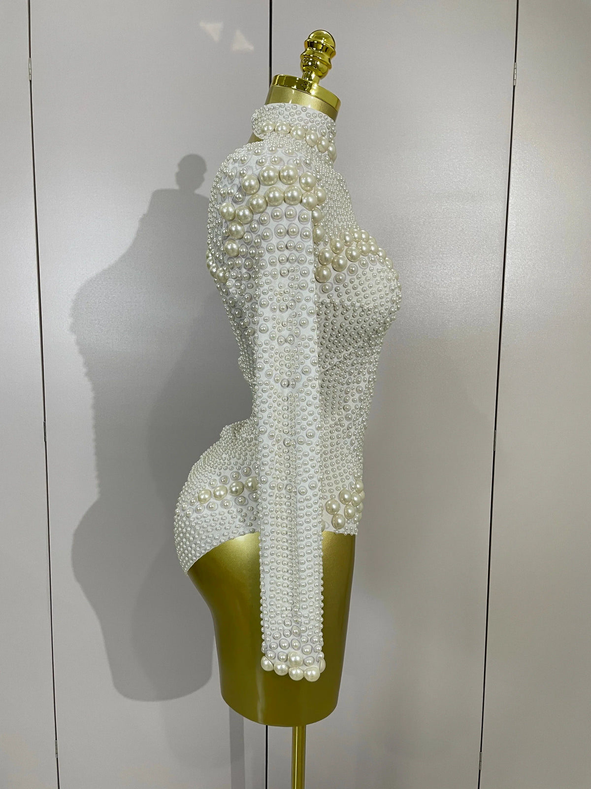 Luxury Full Pearl Long-Sleeved Stage Bodysuit Leotard Evening Performance Costume