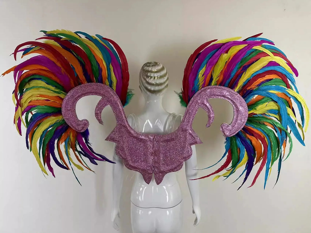 Showgirl Feather Wing Backpiece with Rhinestone Scroll Frames