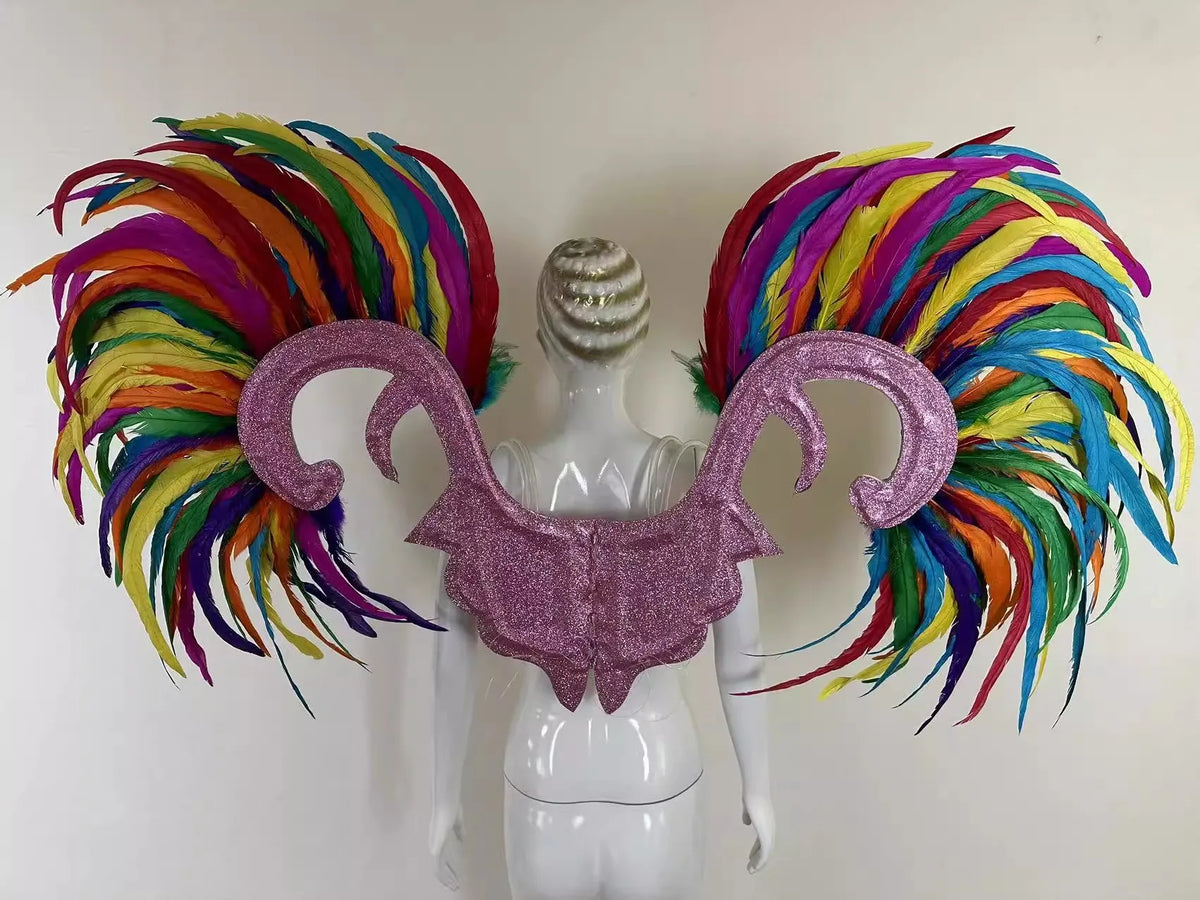 Showgirl Feather Wing Backpiece with Rhinestone Scroll Frames