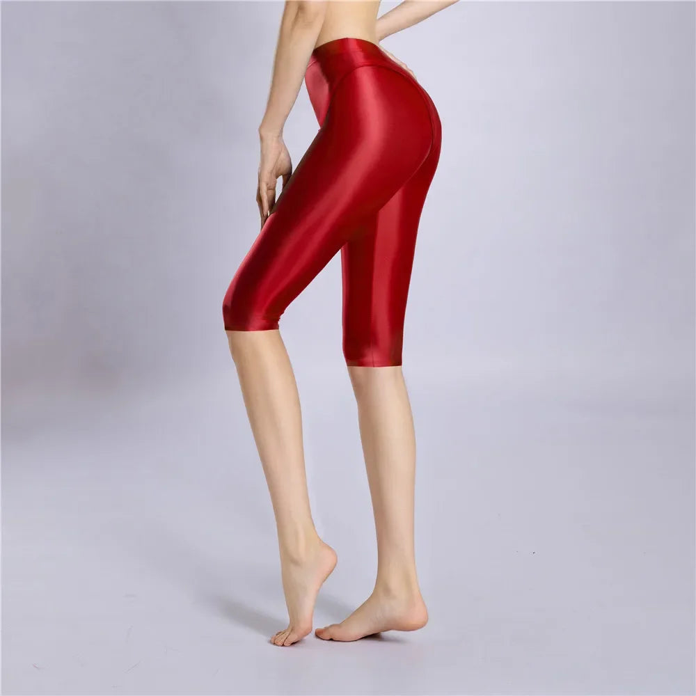 Women's Oil Glossy Sheer High-Waist Shaping Shorts Satin Smooth Leggings