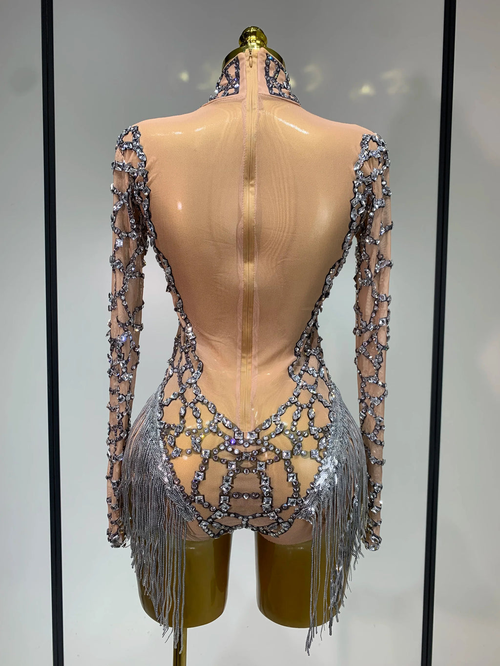 The Stardust Diamond Fringe Bodysuit – Luxury Rhinestone Mesh Stage Costume