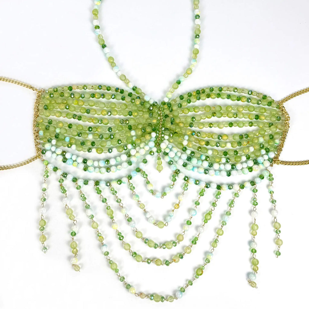 The Stardust Emerald Goddess – Handmade Green Rhinestone & Beaded Tassel Body Chain Halter Top