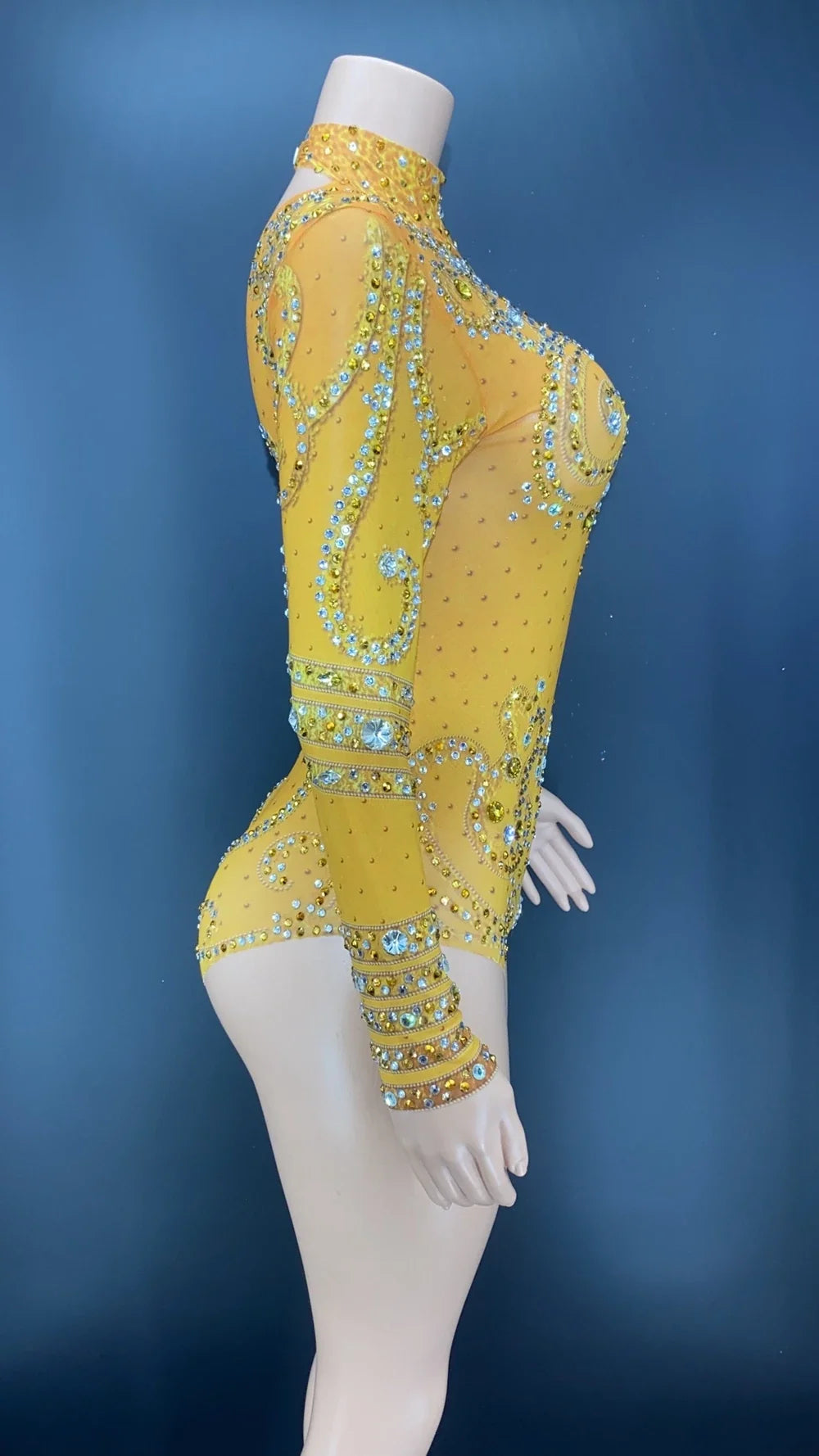 Sparkly Crystals Long-Sleeve Mesh Bodysuit Stage Performance Costume