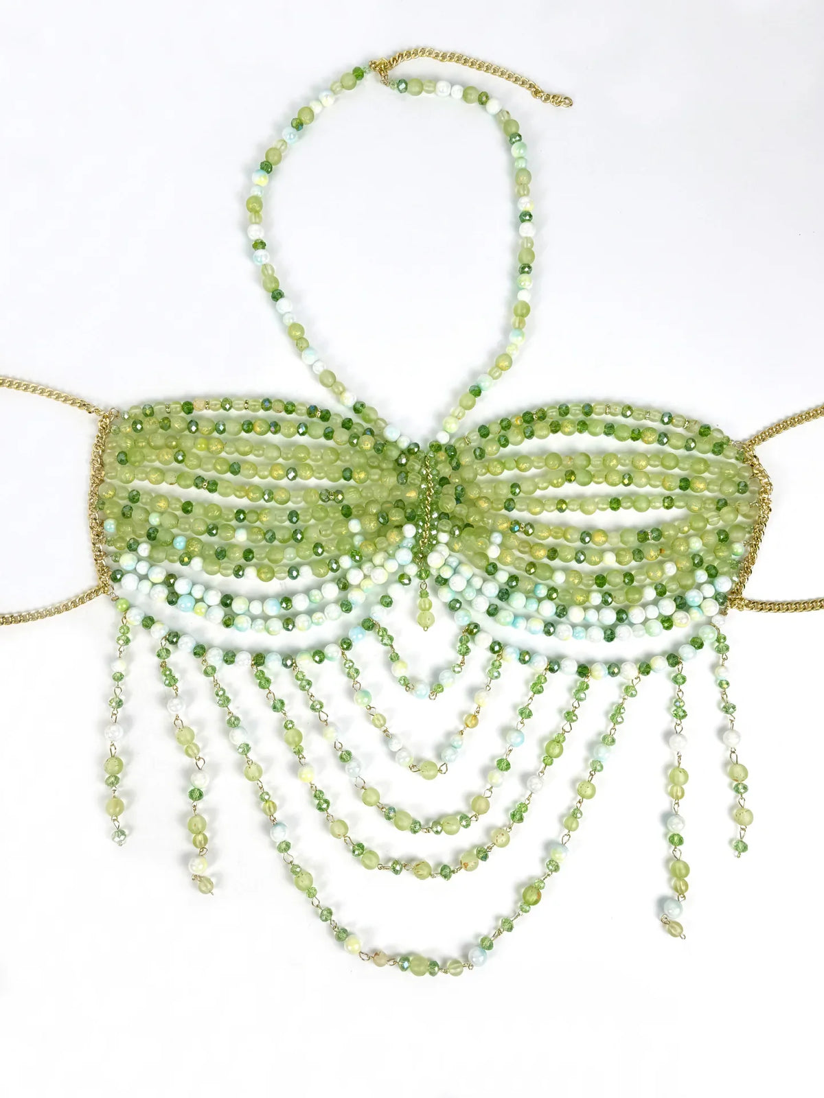 The Stardust Emerald Goddess – Handmade Green Rhinestone & Beaded Tassel Body Chain Halter Top