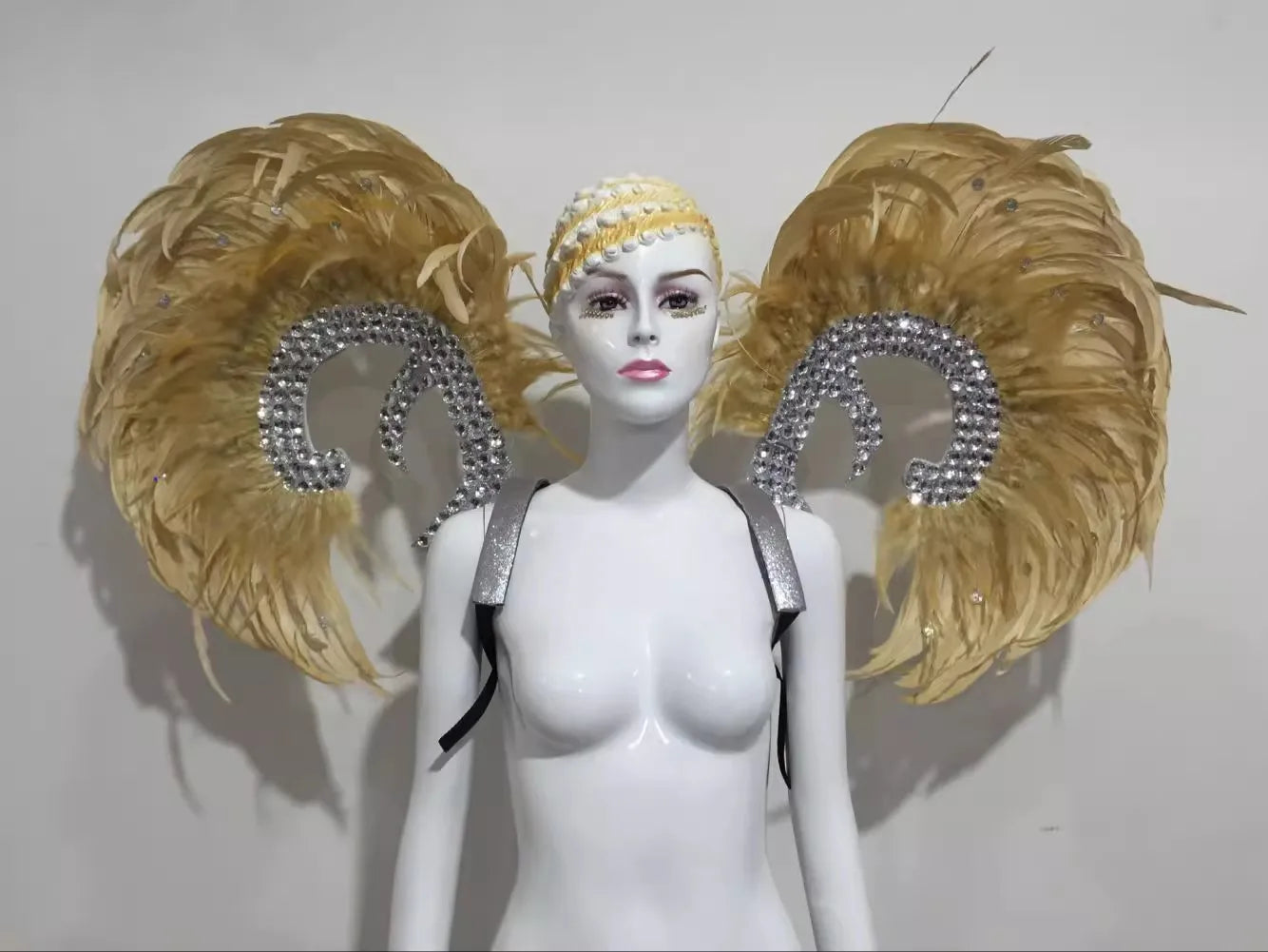 Showgirl Feather Wing Backpiece with Rhinestone Scroll Frames