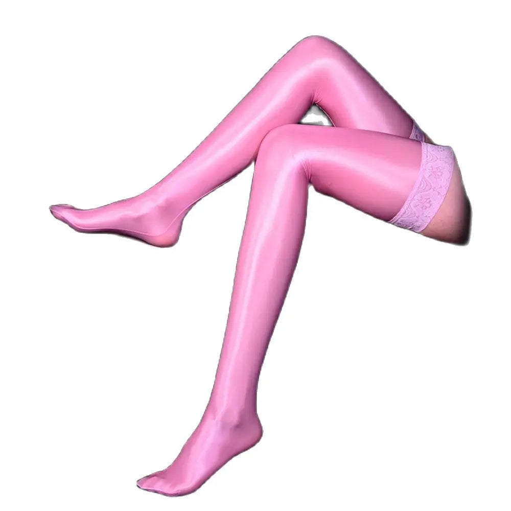 80D Lace Trim Oil Shiny Thigh-High Stockings Glossy Shaping Lingerie Stockings