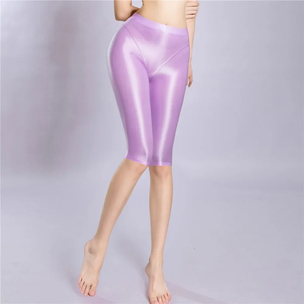 Women's Oil Glossy Sheer High-Waist Shaping Shorts Satin Smooth Leggings