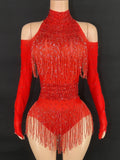 Sparkly Red Rhinestone & Fringe Long-Sleeve Mesh Bodysuit Dance Stage Costume