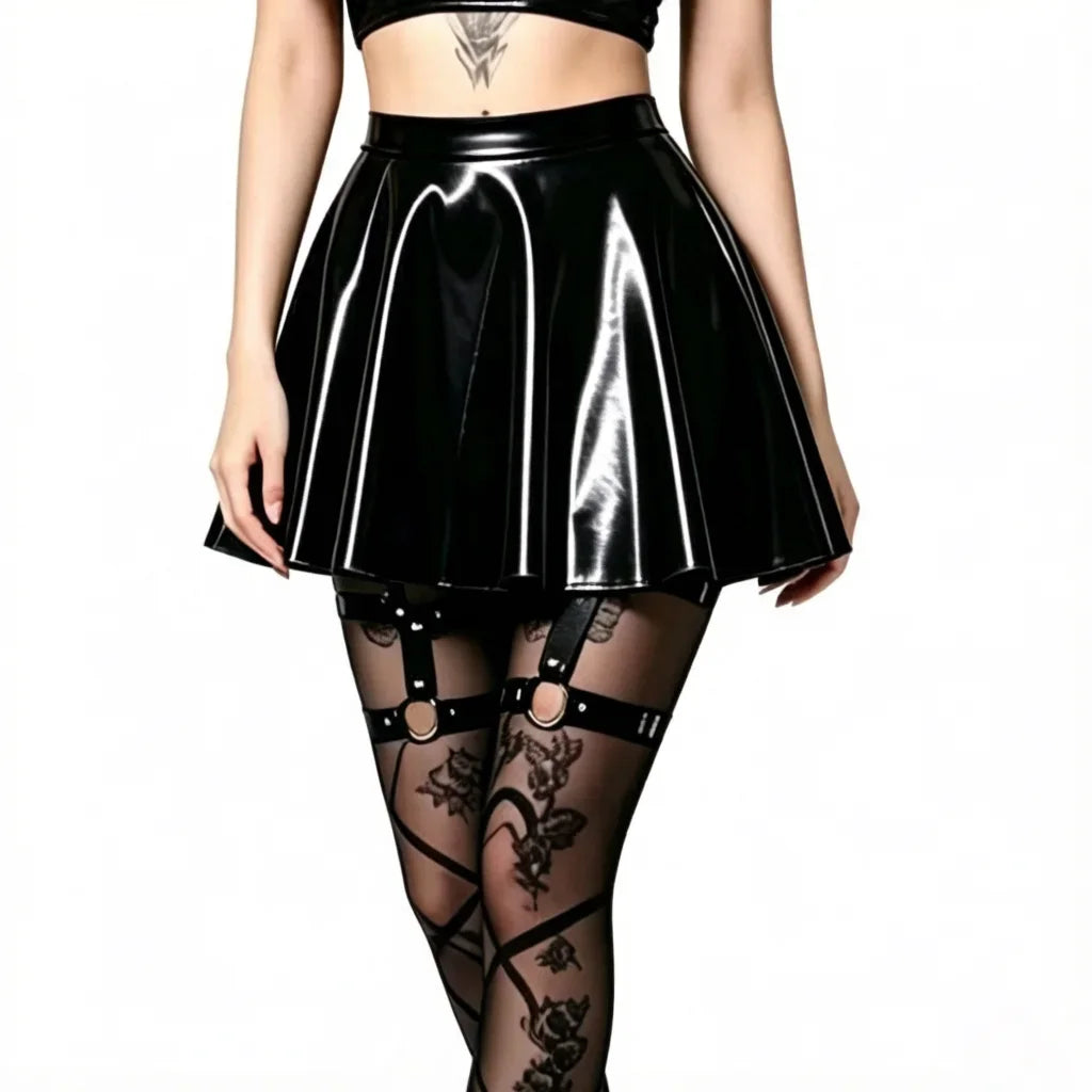 Gothic PU Leather PVC Shiny Flared Pleated Mini A-Line Skirt