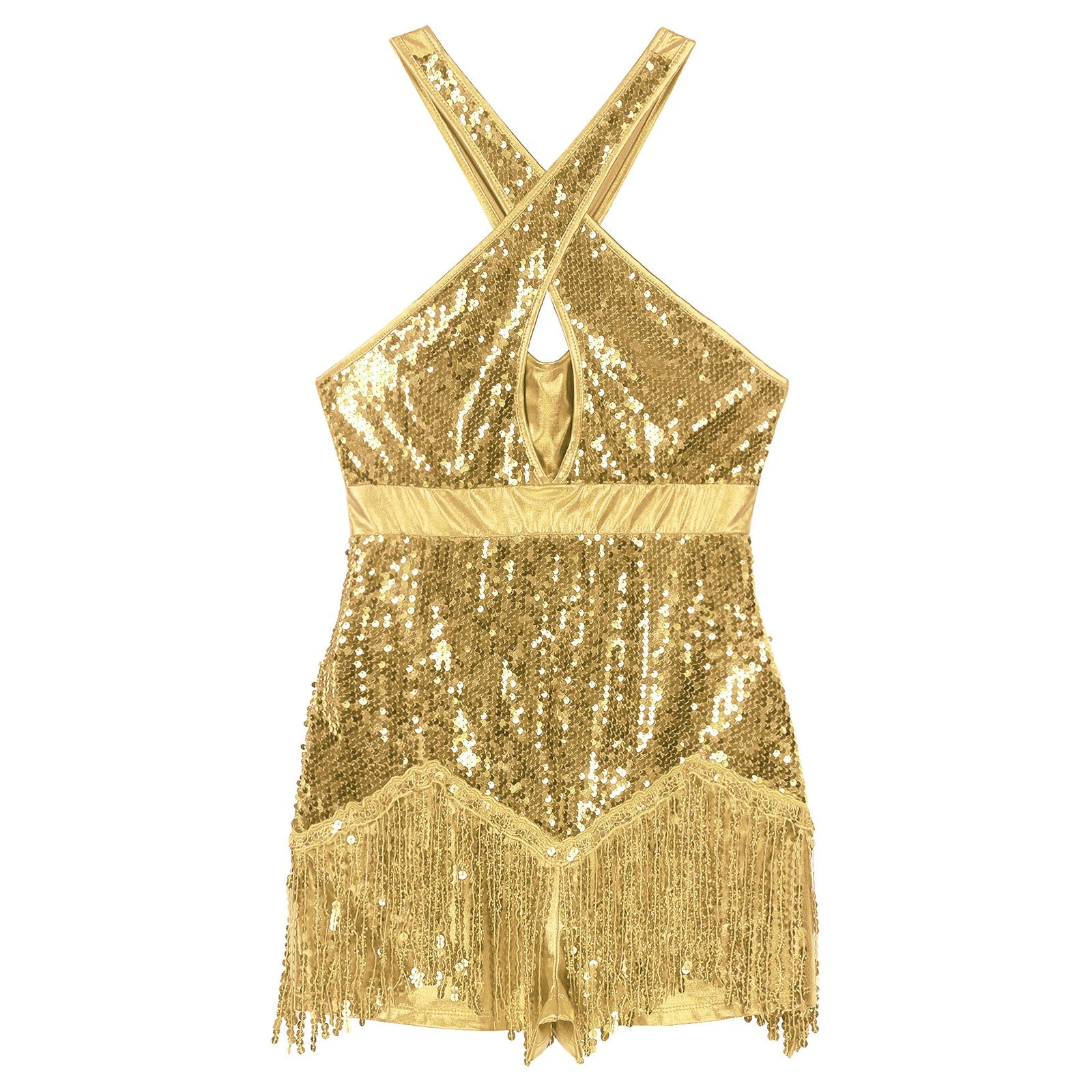 Sequined Fringe Cross-Front Latin Dance Leotard Costume Dress