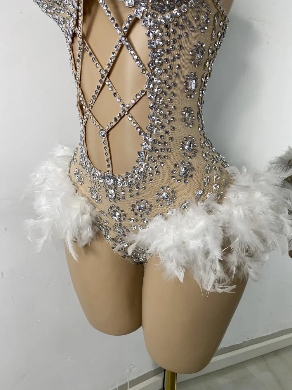 The Stardust Follies Feather Bodysuit – Luxury Rhinestone & Mesh Showgirl Costume