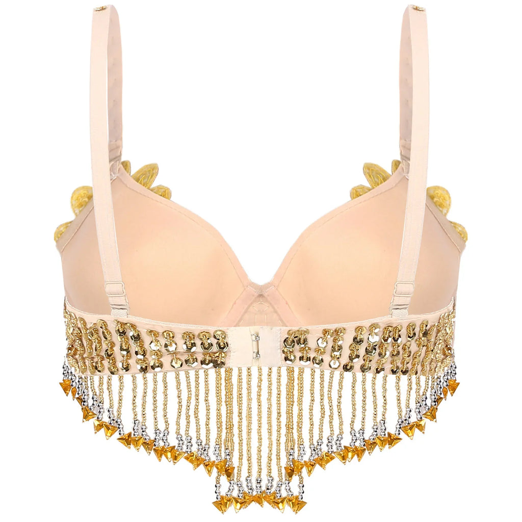 Sparkly Floral Beaded Sequin Belly Dance Bra & Tassel Performance Top