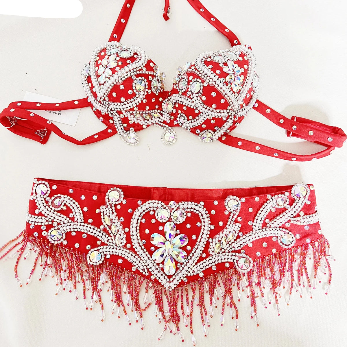Sparkly Beaded Belly Dance Bra & Fringe Hip Belt Two-Piece Stage Costume Set