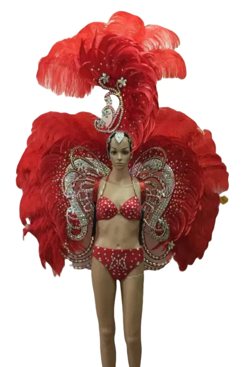 Ornate Red Feather & Rhinestone Carnival Set