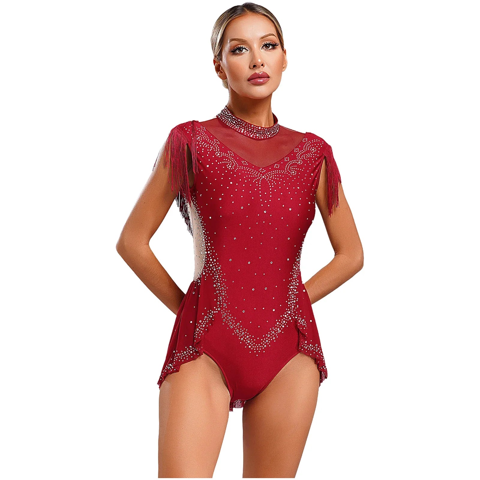Rhinestone Mock Neck Mesh Tassel Leotard