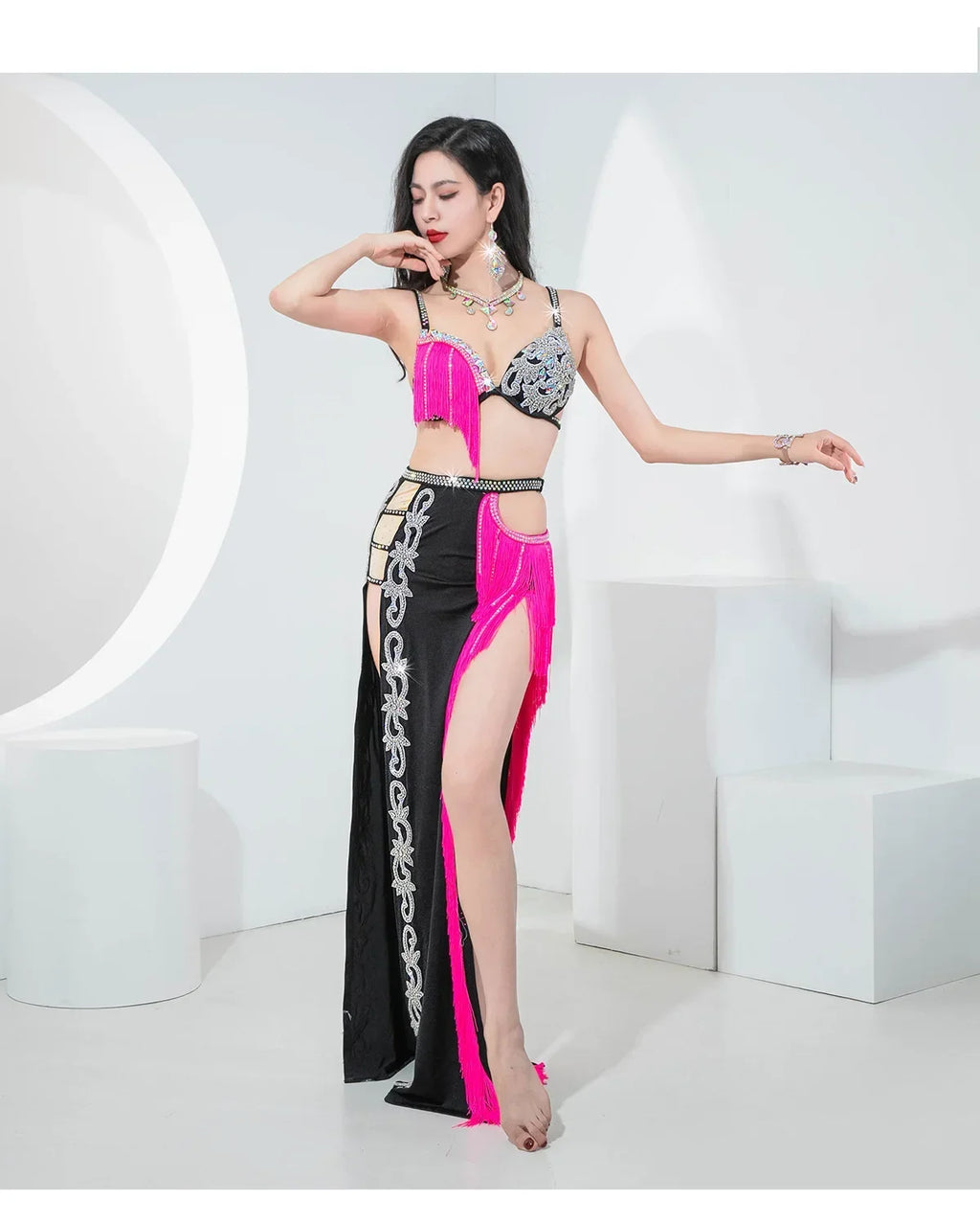 Sparkly Shaabi Belly Dance Competition Gown 4-Piece Beaded Bra, Skirt, Robe & Shorts Set