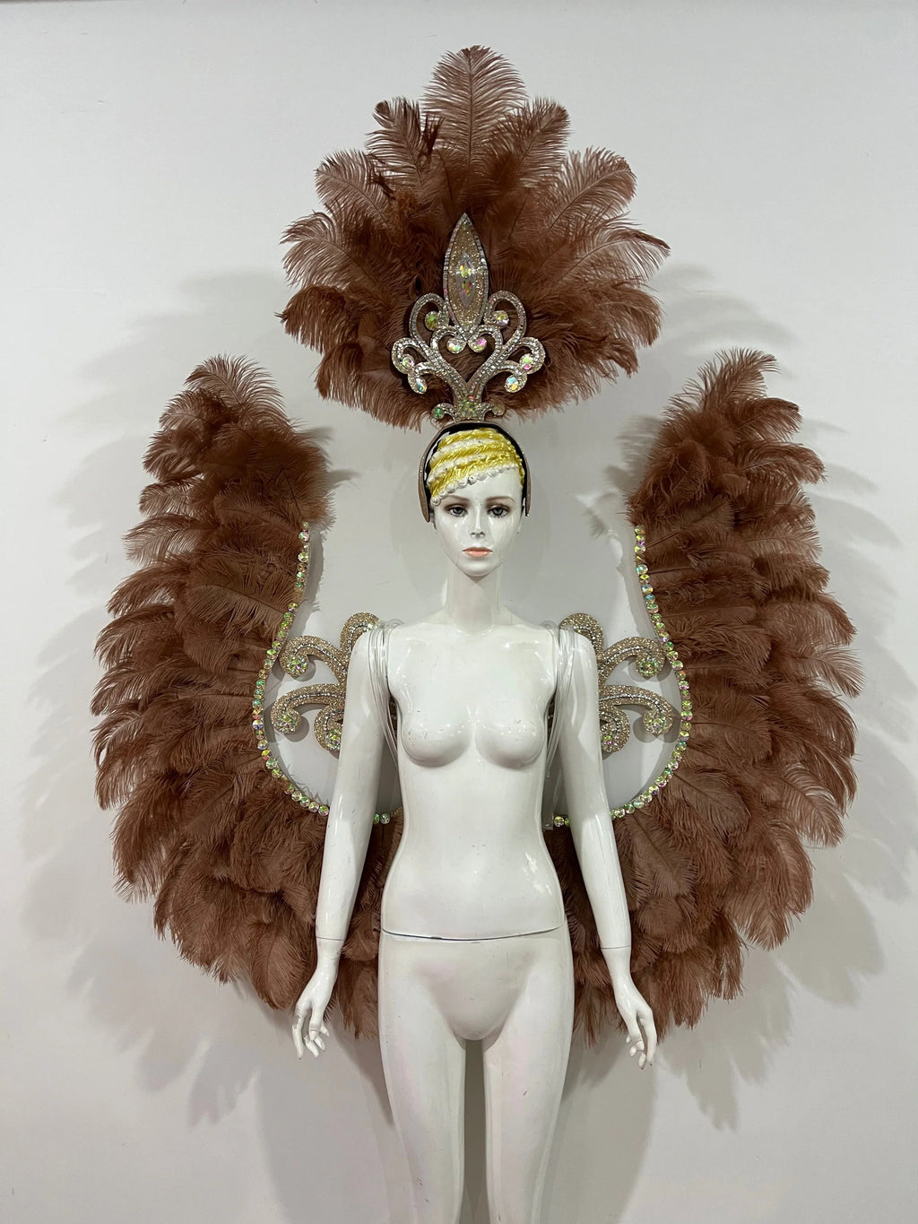 Two-Layer Feather Backpiece with Matching Rhinestone Headdress
