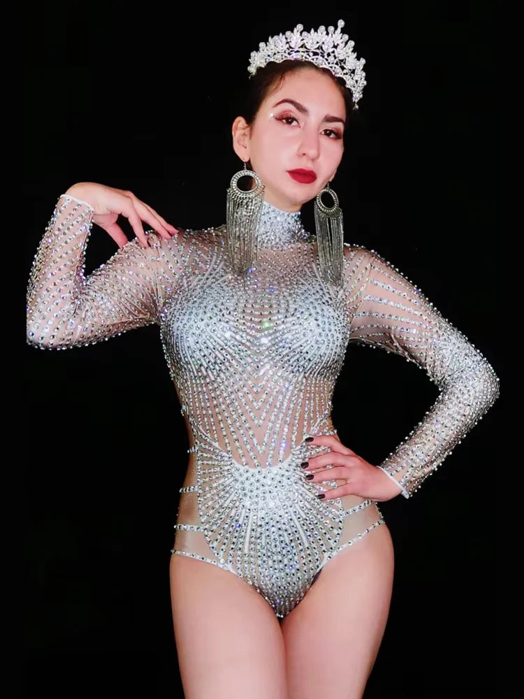 Rhinestone Mirror Bodysuit & Matching Crown Headdress Celebrity Party Stage Costume