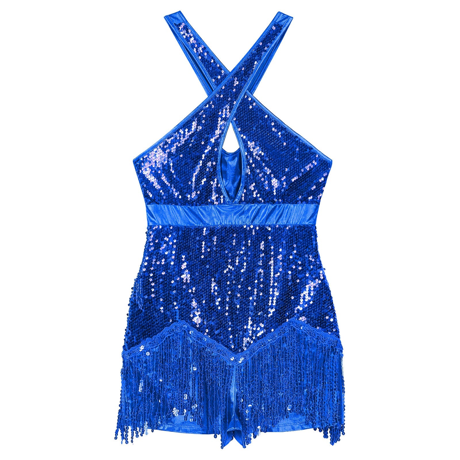 Sequined Fringe Cross-Front Latin Dance Leotard Costume Dress