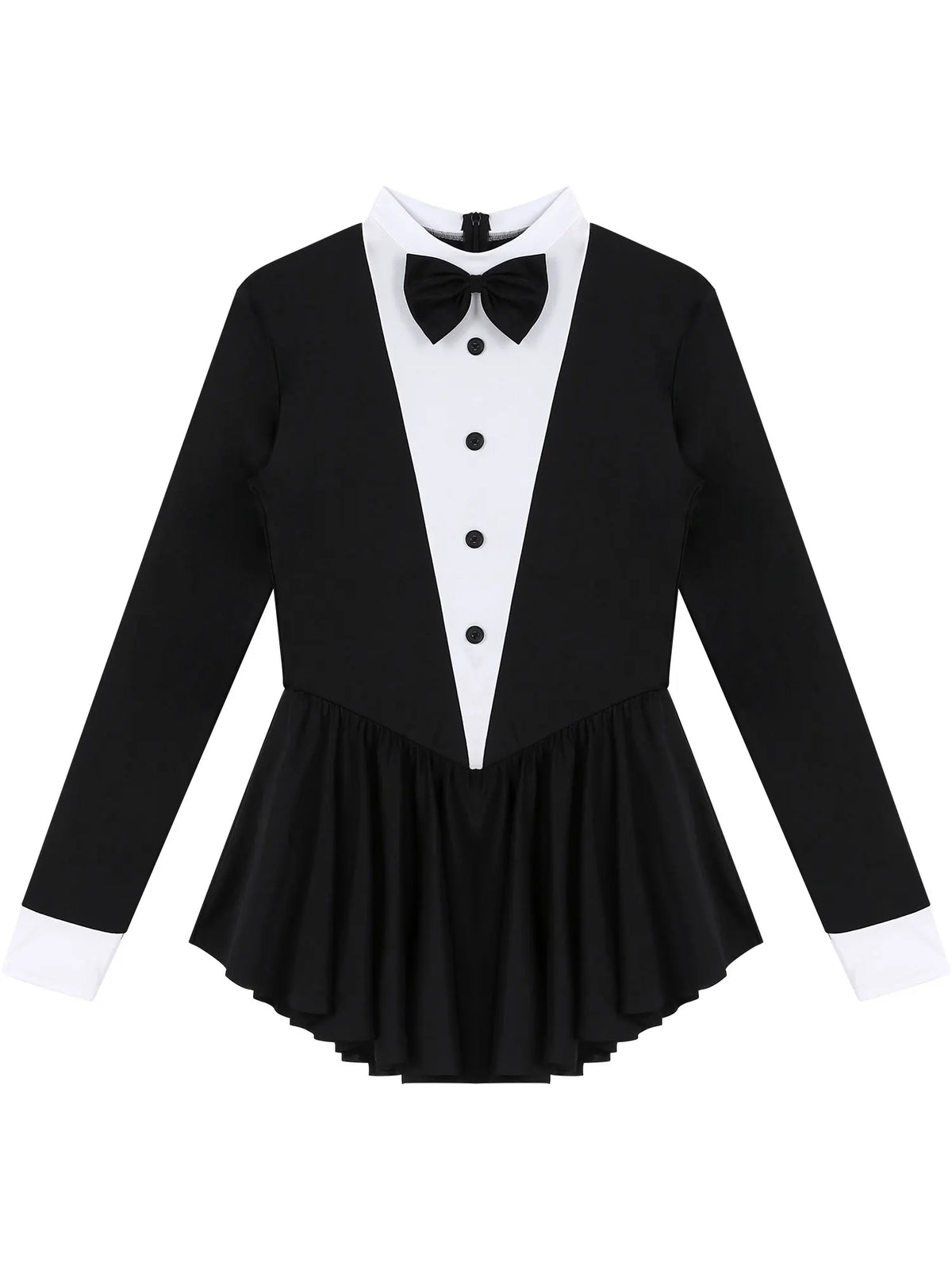 Tuxedo Bowknot Long Sleeve Ruffle Leotard Dress Magician Costume