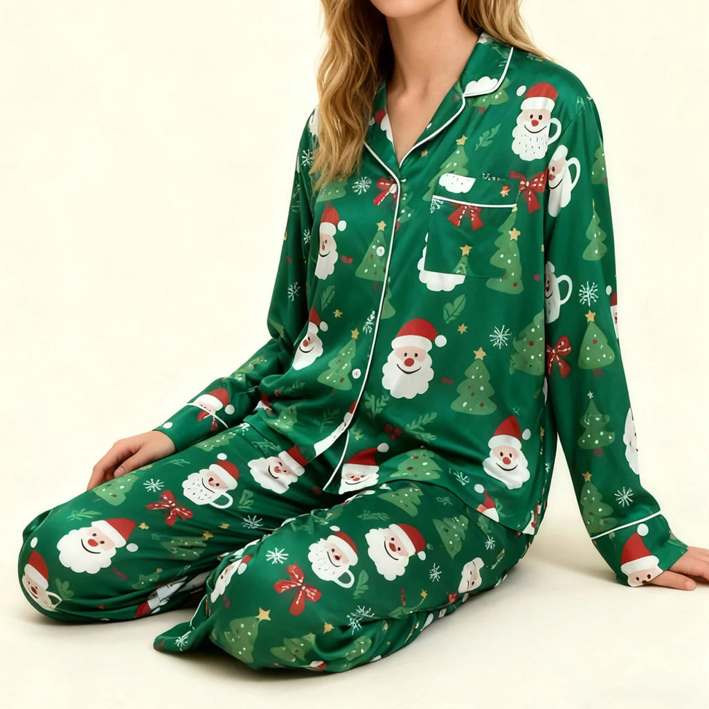 Women's 2025 Christmas Pajama Set Long Sleeve Lapel Santa Claus Christmas Tree Print Shirt Pants Two Pieces Sleepwear